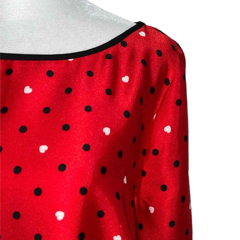 NWT Liz Claiborne Career Blouse Womens M Red Polka Dot Heart Boat Neck Tie Cuff - Picture 5 of 8